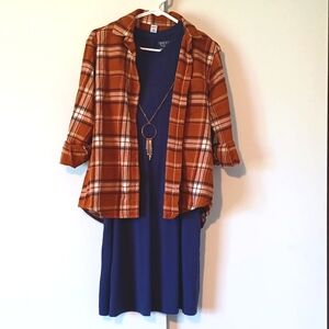 Plaid Shirt and Blue Dress Set